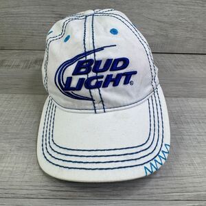 VTG Bud Light Hat White Blue Embroidered Logo Adjustable Beer Promo Cap